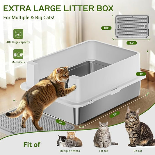 Stainless Steel Litter Box - 28" Extra Large XXXL Cat Litter Box with High Sides, Non-Sticky & Anti-Leakage for Big Cats/Multiple Cats, Includes Heavy Duty Metal Scoop, Grey