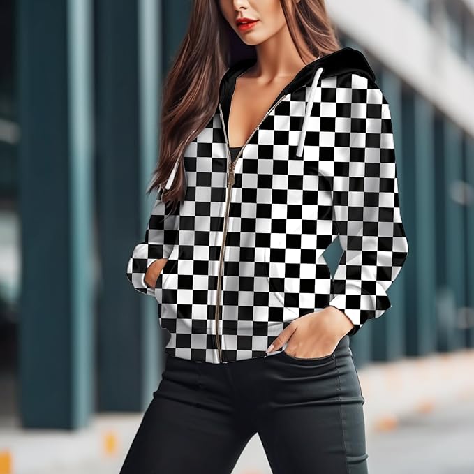 Womens Zip Front Plaid Sweatshirts Print Hoodie Fall Jackets Long Sleeve Casual Drawstring Clothes