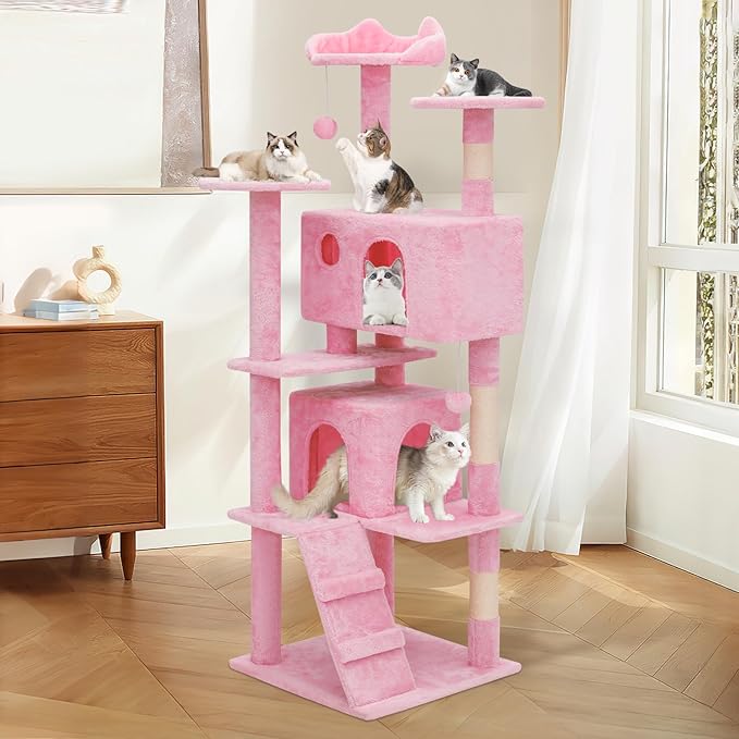 MoNiBloom 60 Inch Cat Tree Tower for Indoor Cats Large Adults, Pink Cat Tower with Scratching Post, Multi-Level Furniture Activity Center with Cat Condo Pet Play House, Soft Pink
