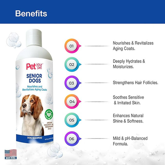 Natural Shampoo for Senior Dogs – Nourishes and Revitalizes Aging Coats with Argan and Coconut Oil for Dry and Sensitive Skin – Hydrating & Soothing Grooming Formula - 16 oz