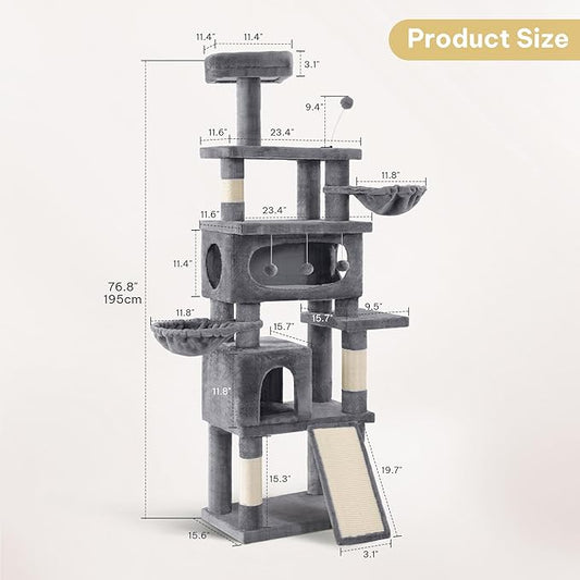 Cat Tree for Indoor Cats Large Adult, 76'' Tall Cat Tower with Scratching Post, Multi-Level Plush Cat Condo for Adult Cats, Cat Tree Tower with Hanging Balls/Wide Base/Cozy Basket and Hammock