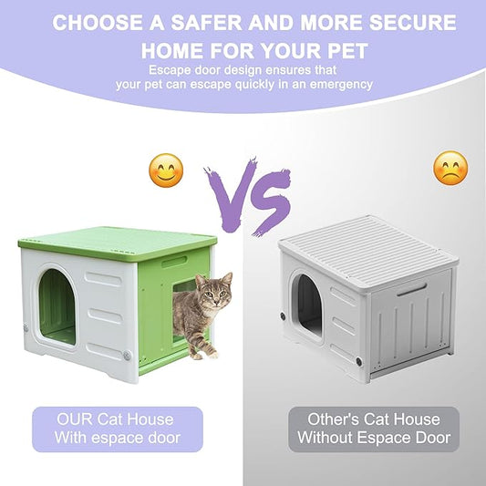 Deblue Plastic Cat House for Indoor & Outdoor, Waterproof Feral Cat House with Escape Door, Sturdy Pet Shelter for Cats, Puppy, Rabbit, Easy to Assemble and Clean-Green
