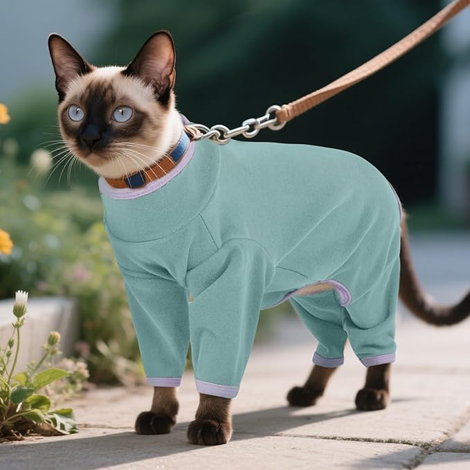 DENTRUN Cat Clothes for Hair Control with Hair Sticky Fabric - Soft Recovery Suit & Breathable Lint-Resistant Cat Sweater for Cats Only, Kitten Onesie Pajamas, XL, Bean Green