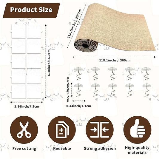 Cat Scratching Mat, Trimmable Self-Adhesive Cat Scratch Furniture Protector with 10 Screws 10pcs Adhesive Tape, 118" x 15.8" DIY Cats Scratch Mat for Indoor, Wall, Doors, Couch and Cat Tree Shelves