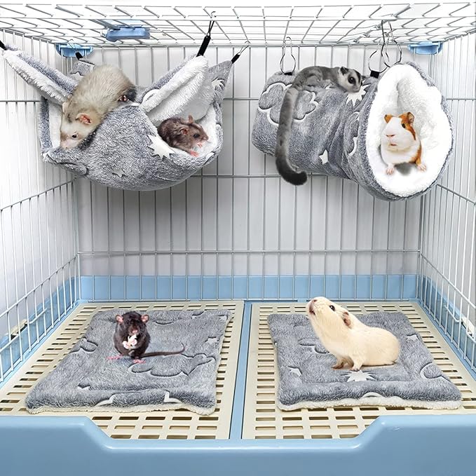 LEFTSTARER Noctilucent Luminous Guinea Pig Rat Hammock Bunkbed Hanging Tunnel and Soft Bed Mat for Ferret Hedgehog Squirrel Hideout Cage Accessories (2.Tunnel Hammock and Mat)
