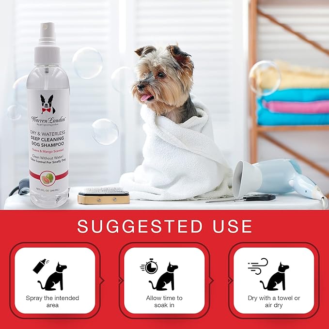 Warren London Waterless Dog Shampoo 8 oz – Guava Mango No-Rinse Dry Shampoo Spray | Instant Deodorizer for Smelly Pets, Itch Relief, Dye-Free & Cruelty-Free | Made in USA
