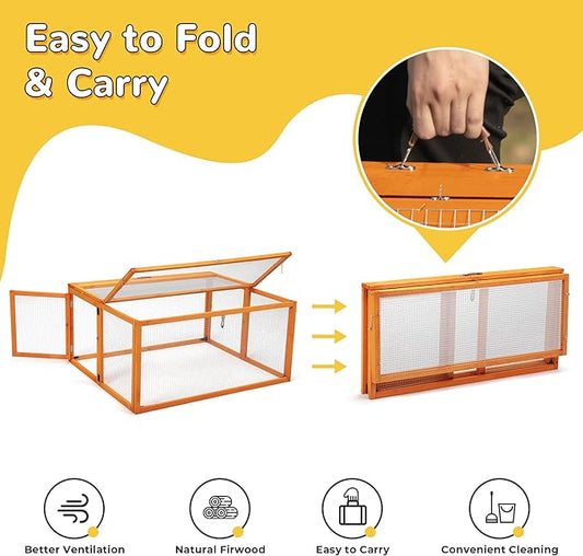 COZIWOW Portable Chicken Coop with UV-Proof Panel, 4X Garden Stakes, Wooden Rabbit Hutch, Chicken Brooder Indoor, Outdoor Folding Chicken Cage, Top & Side Openable Doors, 43.3Inch (Orange)