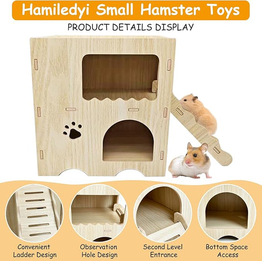 Hamiledyi Wooden Hamster Hideout Maze Double Layers Hamster Hut Small Animal Activity Toy with Ladder for Dwarf Hamster Gerbil Mouse Mice and Other Similar Sized Animals