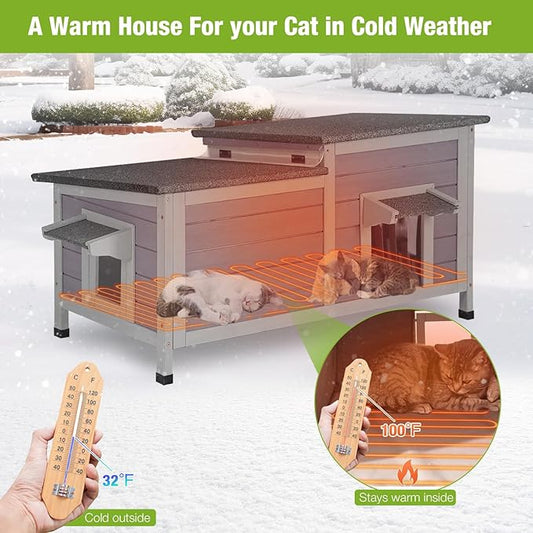 GUTINNEEN Heated Cat House for Outdoor Insulated Feral Cat Shelter Weatherproof for Winter with Heater and Insulated Liner