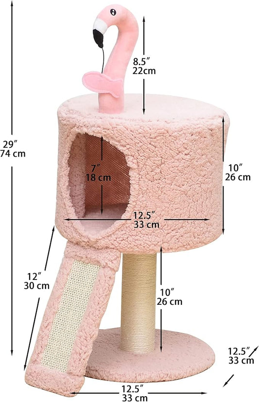 Catry Flamingo 2-Level 29" Cat Tree for Small Cats & Kittens with Replaceable Posts, Sisal Scratching Ramp, Pink Flamingo Designed Cute Condo with Toy, Pink