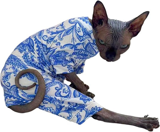 Sphynx Cat Four Leg Cotton Pajamas Elastic Pet Clothes for Hairless Cats Surgery Recovery Suit Undershirt Thermal Clothes for Sphynx, Devon, Cornish (Blue Porcelain, S)