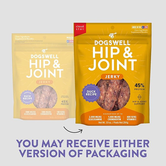 DOGSWELL Jerky Hip and Joint Dog Treats Grain Free Made in USA Only, Glucosamine and Chondroitin, 10 oz Duck (842194)