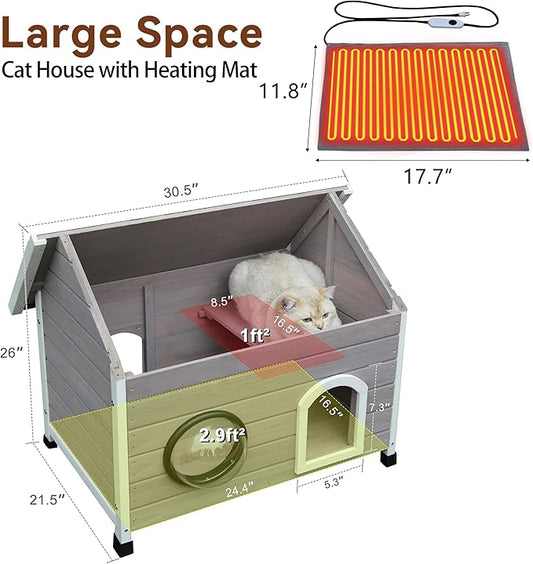 Rockever Heated Outdoor Cat House, 100% Weatherproof Heated Cat House for Outside Cats Winter with Heating Pad, Safe Escape Door and Clear Windows for 2 Cat