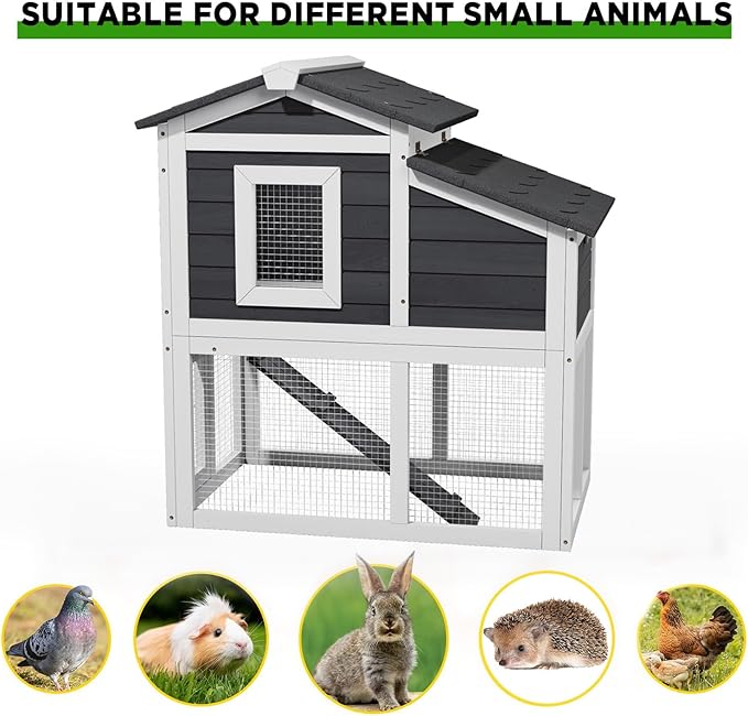 2-Story Rabbit Hutch Indoor, Wooden Furniture Style Bunny Cage with Run for Rabbits Guinea Pigs, Removable Tray & Openable Roof
