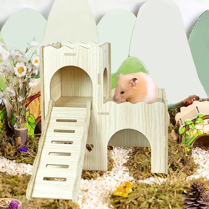 Wood Hamster Hideout House Habitat Wooden Maze Hide Hut with Platform Cage Accessories Toys for Syrian Dwarf Gerbils Mouse Mice Rat Other Small Animals etc. (02 Wave House)