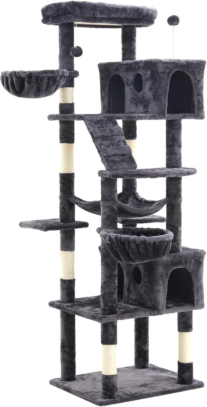 73" Multi-Level Cat Tree Tower for Large Cats with Scratching Posts, Condos, Perch, Hammocks & Toys, Large Cat Jungle Gym for Indoor Cats, Ideal for Multi-Cat Households, Grey