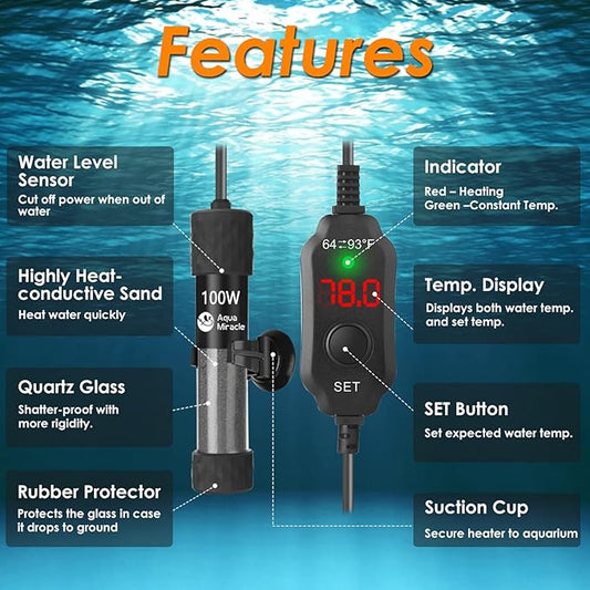 AquaMiralce 100W Aquarium Heater with Compact Size, Submersible Fish Tank Heater with LED Digital Display Thermostat, Adjustable Fish Heater Turtle Heater for 10-20 Gallon Tanks