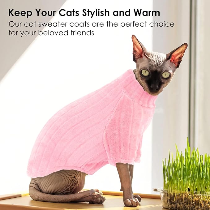 SUNFURA Sweaters for Cats, Hairless Sphynx Sweater Kitten Pullover with Sleeves, Warm and Soft Cat Pajamas Fleece Sweatshirt Jumpsuit, Turtleneck Clothes for Fall Winter, Pink L