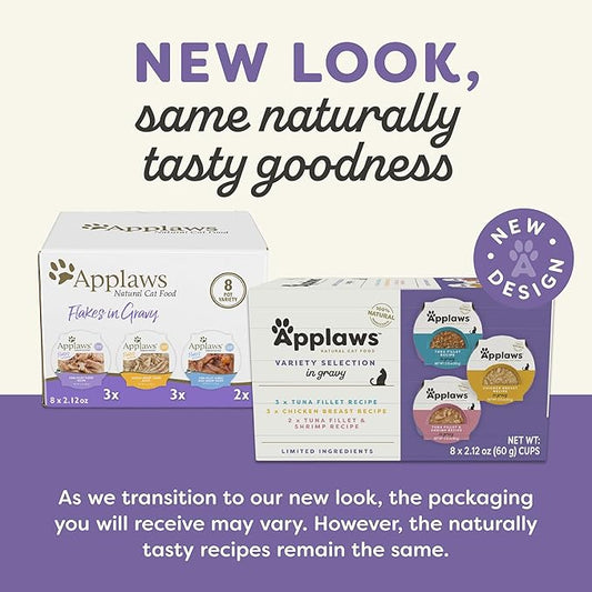 Applaws Natural Wet Cat Food in Gravy, Limited and Natural Ingredients, High Protein with No Artificial Additives, Variety Pack in Gravy (8X 2.12 oz Easy-Open Cups)