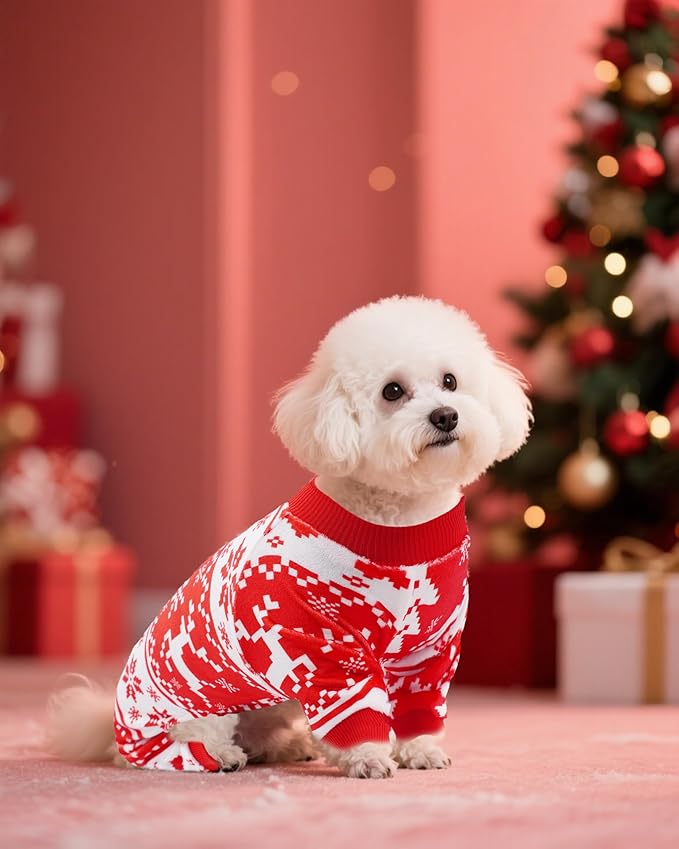PET SHOW 4 Pack Small Dog Christmas Pajamas Holiday Dog Clothes for Medium Dogs Girl Boy Soft Stretchy PJs Xmas Jumpsuit Puppy Cats Onesies Red Green Outfits with Sleeve Pets Dachshund Costume L