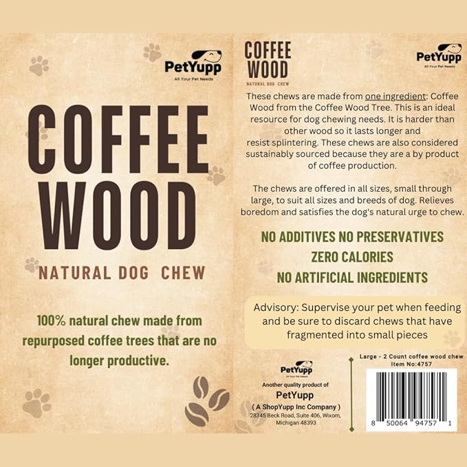 Natural Coffee Wood Dog Chew Large, 2 Count - Promotes Dental Health, Reduces Tartar & Chewing Exercise for Aggressive Chewers, Small, Medium & Large Dogs - Safe Chew Toy for Puppy