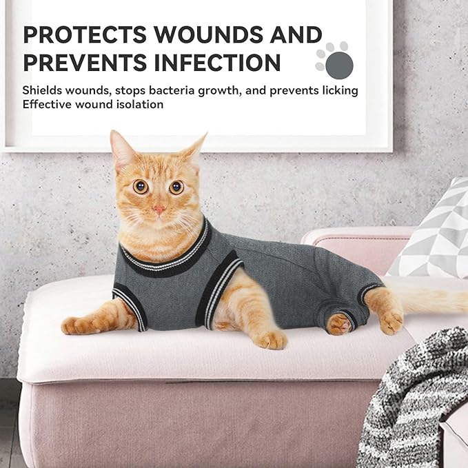 T'CHAQUE Cat Surgery Recovery Suit for Female Male, Cat Onesie Pet Surgical Pajamas Hind Legs Long Sleeve, Abdominal Wound Skin Diseases, E-Collar Alternative, Spay/Neuter Recovery Suit (Gray-M)