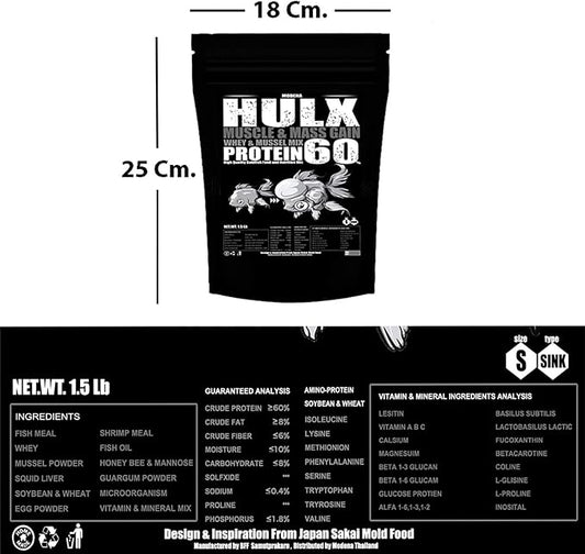 HULX Goldfish Food Sinking Pellets for Big Muscle & Mass Weight Gain, Whey Mixed High Protein 60% Fish Food Growth Fast Formula 1.32 Lb.(600 Gram.) 1mm, Healthy, Color Enhancing Clear Water Fish Feed
