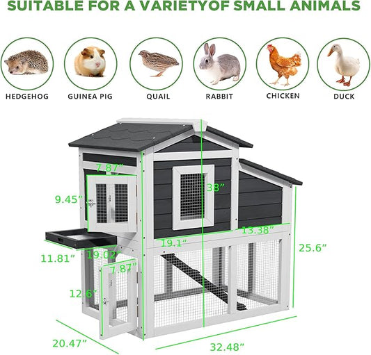 Small Chicken Coop for 2 Chickens,Wooden Chicken Coops with Nesting Boxes Indoor Outdoor,Bunny House Rabbit Hutch Poultry Pet Run Cage with Waterproof Roof,Stairs&Leak-Proo-Tray (Grey)