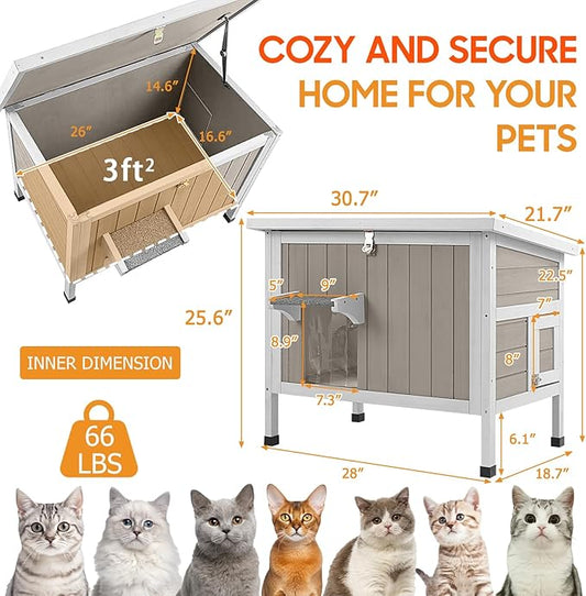 Insulated Cat House Outdoor Weatherproof Feral Cat Shelter for Winter, All-Round Foam Insulation Wooden Pet House for Outdoor Cat with Raised Base, Openable Roof (30.7"L x 21.7"W x 25.6"H)