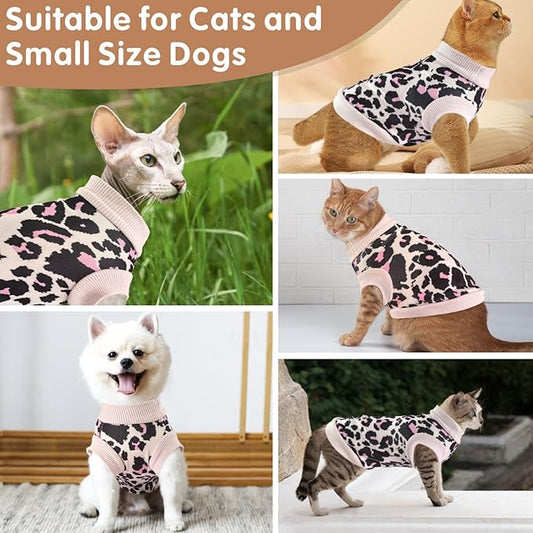 Idepet Cat Clothes Kitten Sweater Soft Kitten Shirt Cute Leopard Print Kitty Vest Pullover Pajamas Jumpsuit Cotton Apparel for Hairless Cats & Puppy (Pink,XS)