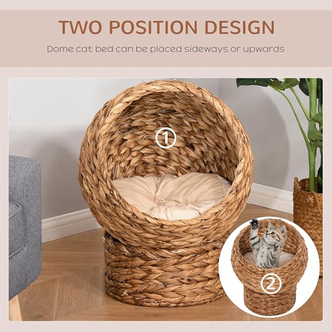Merax Handwoven Wicker Cat Bed - Elevated Egg Chair Design with Soft Cushion & Stand, Raised Basket Bed for Indoor Cats, 23.5 Inch Height, Supports Up to 8 Lbs
