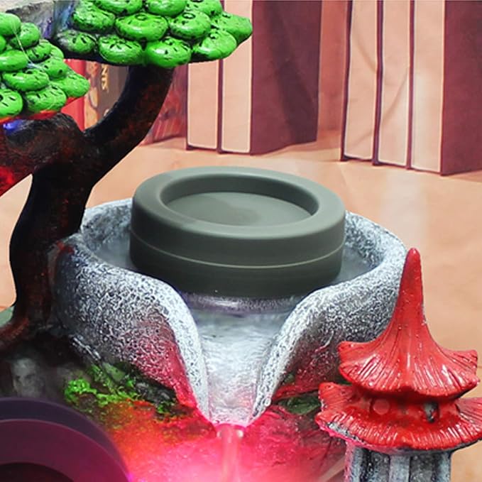 Tabletop Waterfall Fountain with Rockery, Mini Silent Indoor Ornament Desk Calming Water Fountain Desktop Simulation Resin with Atomizer LED Light for Office Bedroom Home Table Decor Multi-Layer