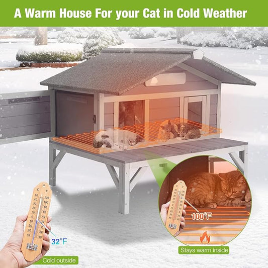GUTINNEEN Heated Cat House for Outside Weatherproof Feral Kitty Shelter for Winter with Heater and Insulated Liner