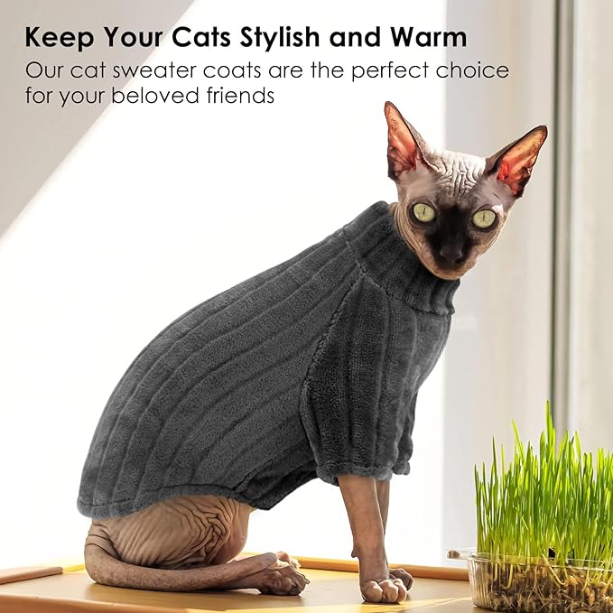 SUNFURA Sweaters for Cats, Hairless Sphynx Sweater Kitten Pullover with Sleeves, Warm and Soft Cat Pajamas Fleece Sweatshirt Jumpsuit, Turtleneck Clothes for Fall Winter, Grey M
