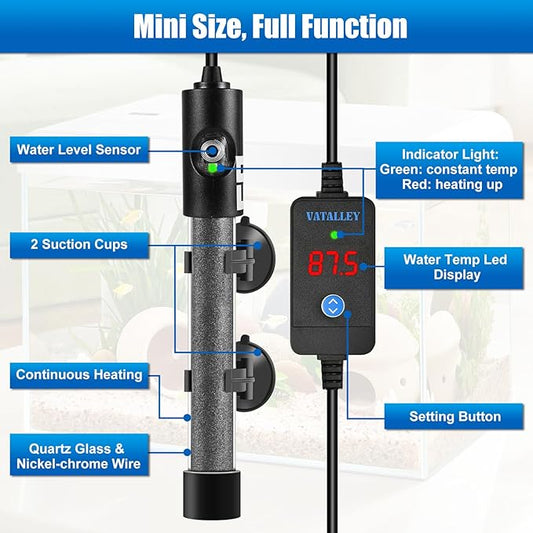 Mini Fish Tank Heater for Aquarium: 50W/100W/200W/300W/500W Submersible Betta Turtle Heaters with Accurate Temperature LED Digital Display - Overheating and Off-Water Protection for 10-20 Gallon