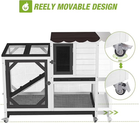 Gutinneen 2-Story Rabbit Hutch Bunny cage with Chew-Proof Ramp, Locking Leak-Proof Trays - Indoor/Outdoor 39.3" Wooden Rabbit Cage with Wheels for Rabbits, Guinea Pigs, Small Animal (Black and White)