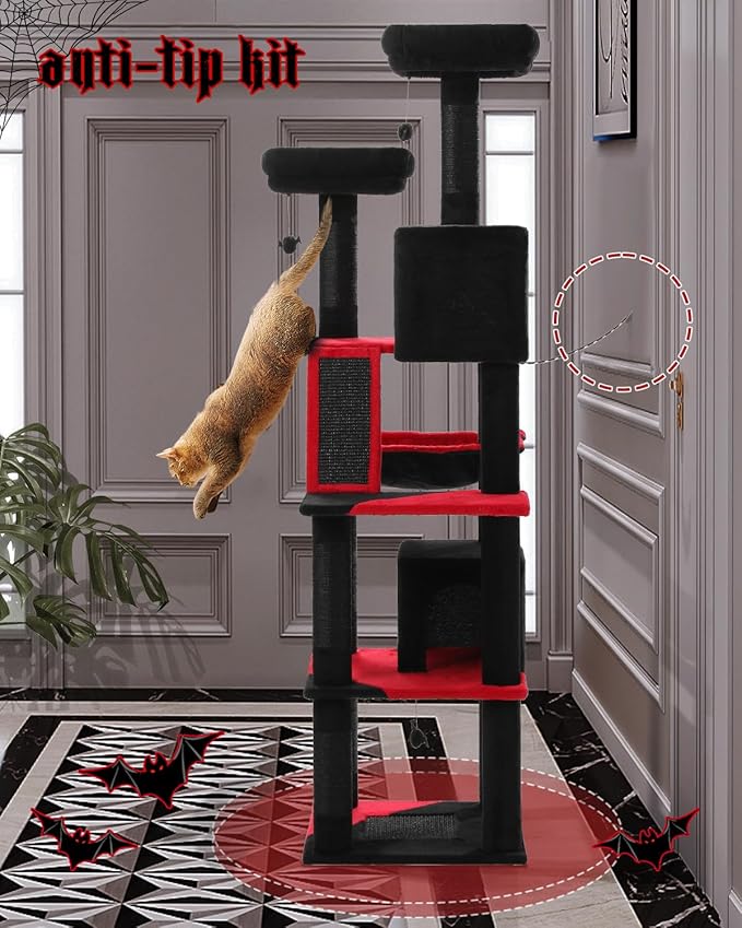 Gothic Cat Tree for Large Cats, 70.9" Tall Black Cat Tower with Coffin Bed, Cat Condo, Sisal Scratching Posts & Top Perch, Spider Hanging Ball, Multi-Level Spooky Cat Tree, Halloween, Black