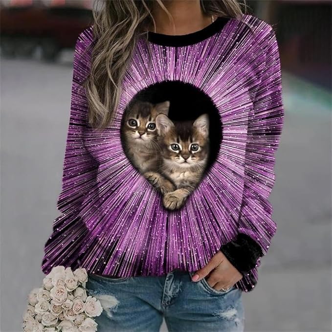 IVERIRMIN Women's 3D Cute Cat Print Sweatshirt Casual Long Sleeve Crewneck Cute Cat Pullover Loose Fit Shirts
