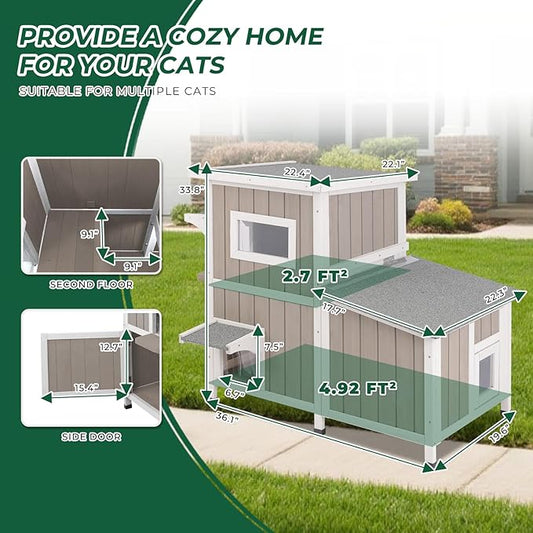 Outdoor Cat House Weatherproof, Two Story Wooden Cat House Outside Feral Shelter with 3 Escape Door, Cat Condo for Small Animals with Openable Asphalt Roof, Grey