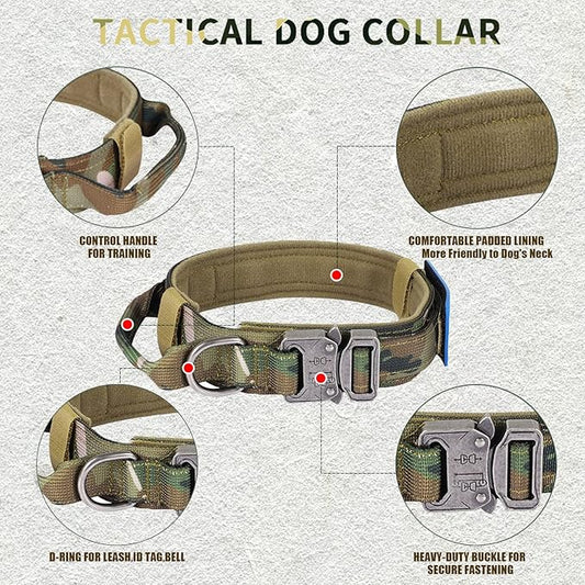 Tactical Dog Collar and Bungee Leash, Camo Military Dog Collar & Leash Set with USA American Flag Adjustable K9 Collar with Heavy Duty Metal Buckle & Handle,with Patches and Airtags Case (L, Camo)