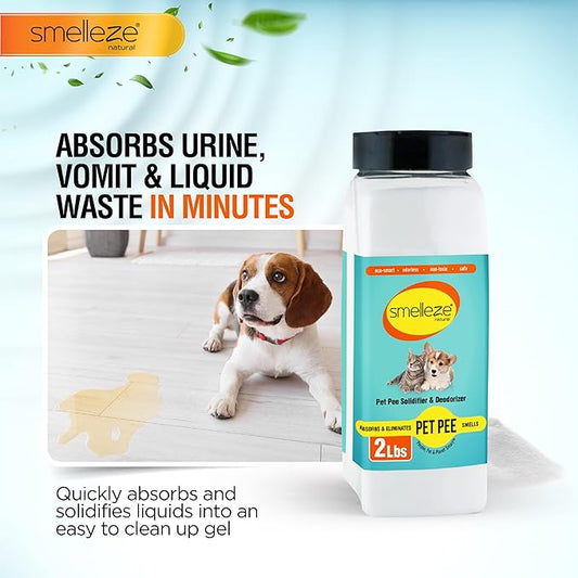SMELLEZE Pet Pee Powder - Unscented Solidifier for Dog & Cat Accidents - 2lb Bottle - 360 Uses - No Dust, No Strong Smell, Instant Gel Cleanup