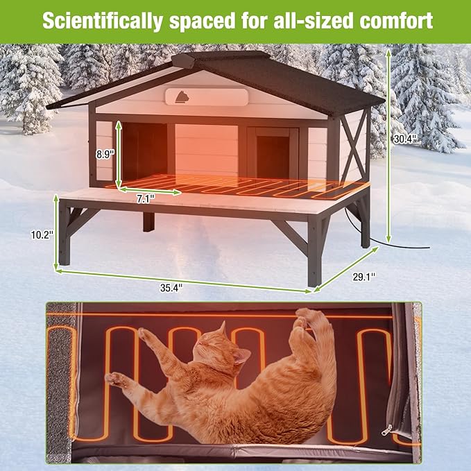 GUTINNEEN Heated Outdoor Cat House Insulated Feral Kitty Shelter Insulated Weatherproof Winter Outdoor Cat Shelter with Heated Pad and Insulated Liner,White and Black