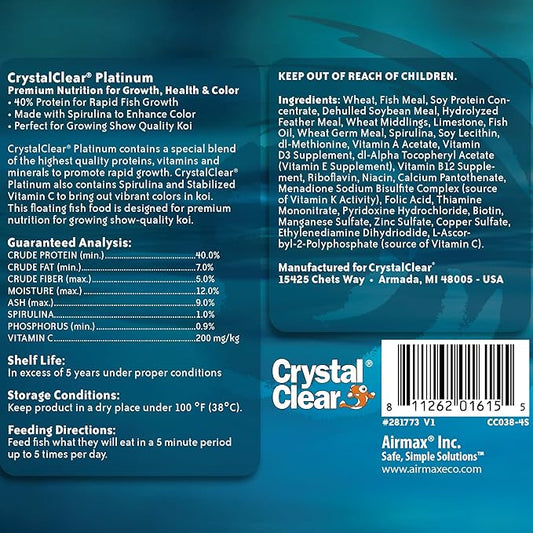 CrystalClear Platinum Fish Food, Premium Floating Pellets for Koi & Goldfish – Boost Growth, Color, and Wellness in Backyard Ponds & Water Gardens, 3mm Pellets, 17.6 Pounds