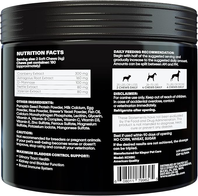 Dog UTI Treatment 180 Chews w Cranberry, Natural UTI Medicine for Dogs - Pet Supplement for Dog Urinary Tract Infection Treatment, Good for Bladder Control, Dog Incotinence, Kidney Health, Dog Breath