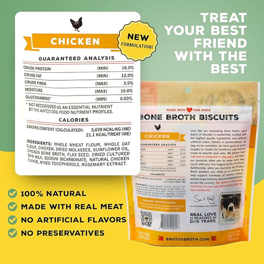 Brutus Bone Broth Biscuits (Chicken) - Healthy Dog Treats - Natural Biscuits with Dog Bone Broth and Real Chicken Meat - 18 Grams of Protein - 8 OZ (Pack of 2)