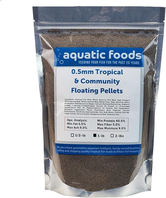 Aquatic Foods Inc. 0.5mm - 1/64" Tropical & Community Fish Floating Micro Pellets for Tetras, Guppies, Angel Fish, Small Cichlids, Goldfish. All Tropical Fish. - WL…1-lb Foil Pouch Bag