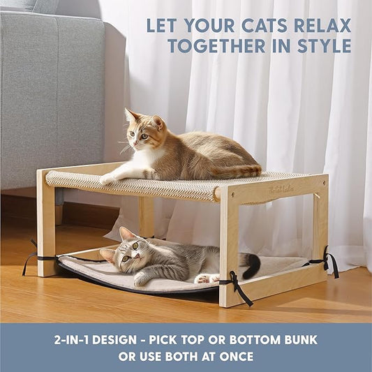 The Cat Ladies 2-in-1 Cat Hammock Bed - Elevated Wooden Pet Bunk Beds for Indoor Cats - Solid Wood Raised Hanging Bed for 1 or 2 Cats - Cat Furniture with Top Bed and Bottom Mat