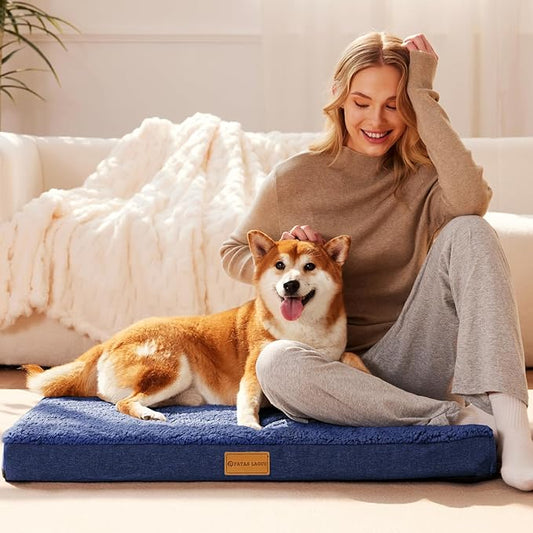 Patas Lague Orthopedic Dog Bed Large Sized Dog 36''X24'',Soft Waterproof Egg Crate Foam Medium Pet Crate Beds Mat with Removable Washable Cover and Non-Slip Bottom, Navy Blue