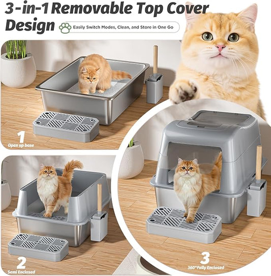 Shikha Stainless Steel Cat Litter Box with 110° Flip-Top Lid -XXL Top Entry Enclosed Litter Box for Large Cats with Deodorization Box, Odor-Free, Non-Sticky, Anti-Leak, Removable Lid for Easy Cleaning