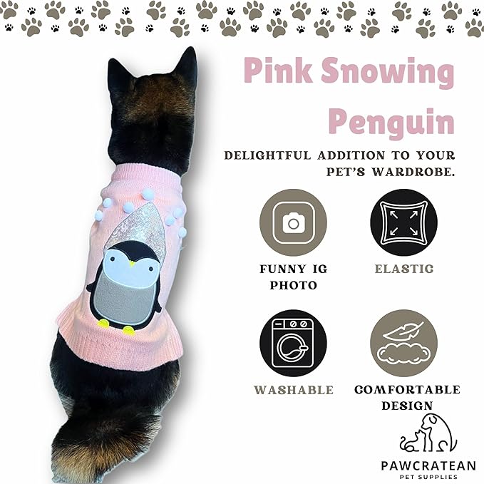 Cute Sweater for Dogs and Cats Soft Flannel Pet Outfit Warm and Cozy Animal Hoodie Small to Large Pet Clothes for Halloween Parties and Everyday Wear (Medium, Pink Pinguin)